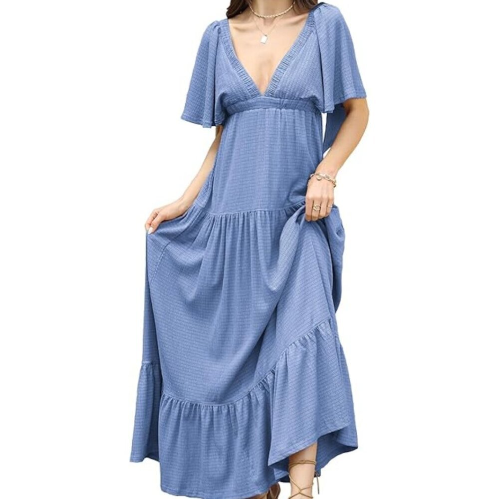 Women’s V-Neck Tiered Backless Maxi Dress – Size S – Light Blue – NWOT